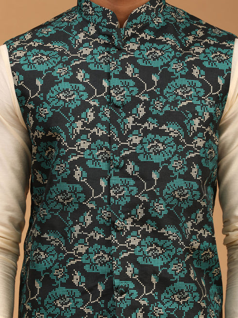 Men's Green Printed Nehru Jacket With Cream Solid Kurta & Pyjama Set